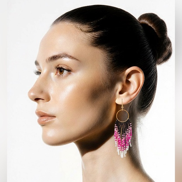 New Pink White Black Hand Beaded tassel boho western tribal earring jewelry gift - Picture 2 of 10